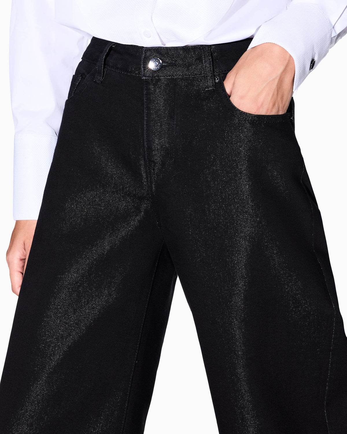 oversized fit 5 pockets denim pant with metallic yarn