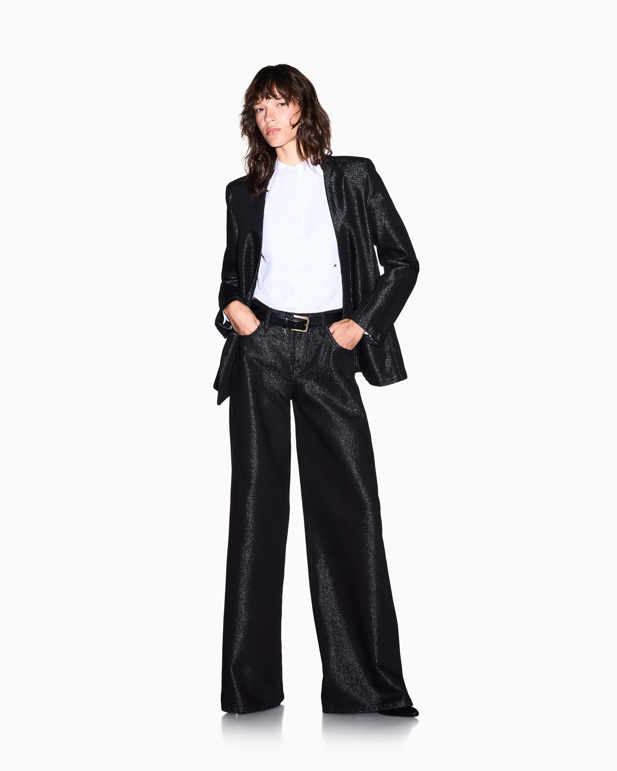 oversized fit 5 pockets denim pant with metallic yarn