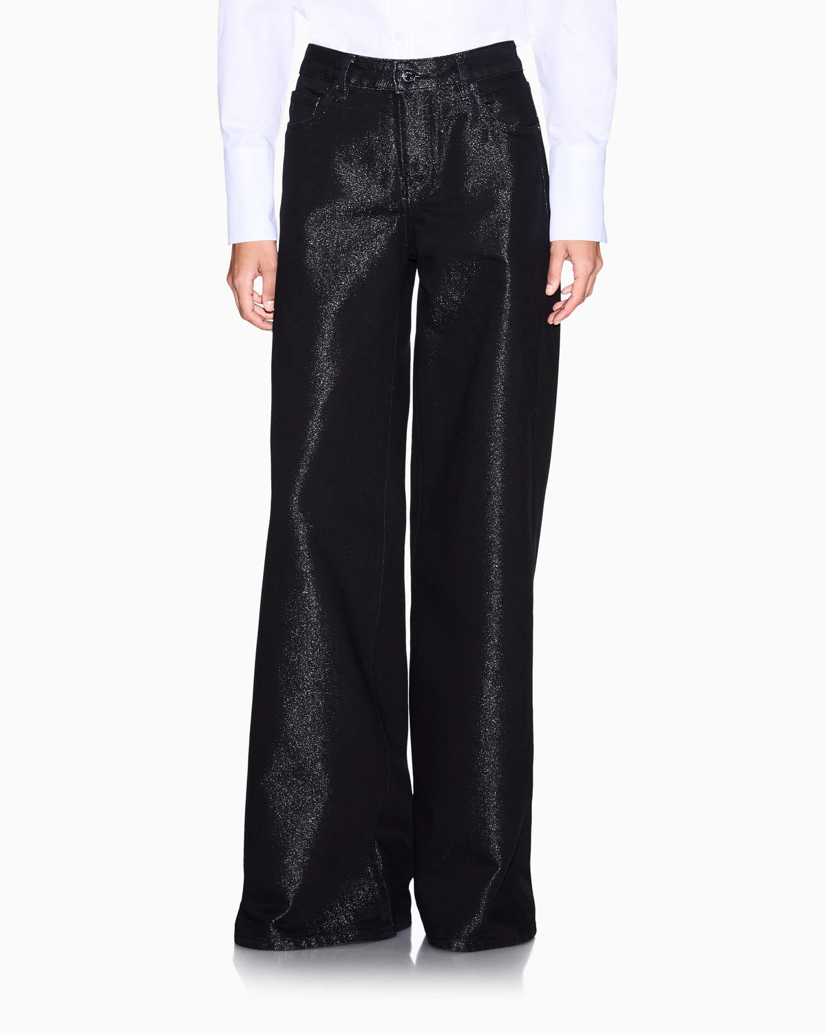 oversized fit 5 pockets denim pant with metallic yarn