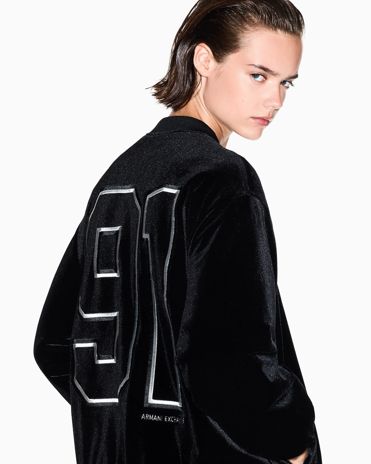 Oversized velvet bomber jacket