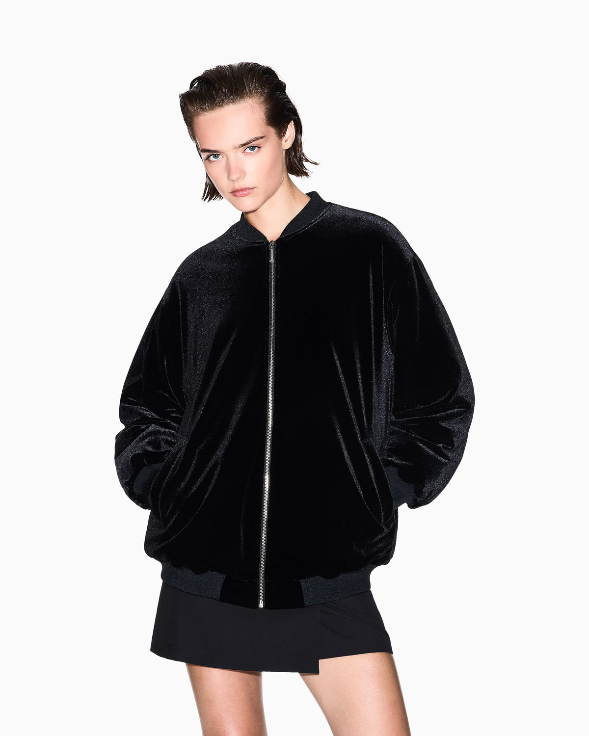 Oversized velvet bomber jacket