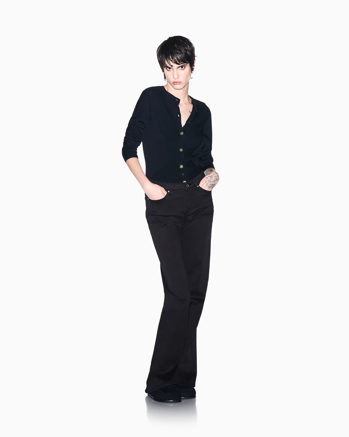 High-waisted flared jeans in stretch satin cotton