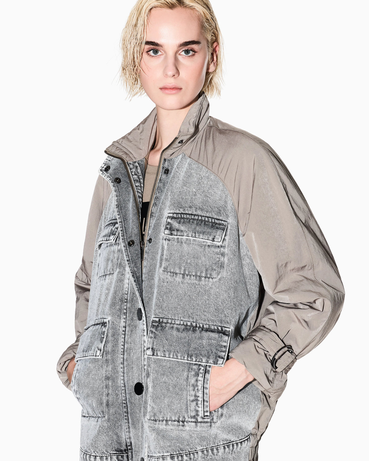Denim jacket with contrasting inserts