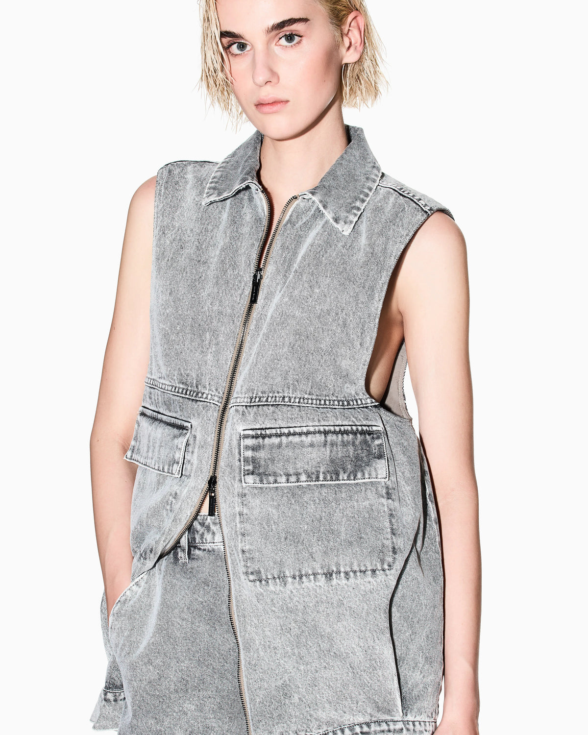 Long vest in stone washed denim