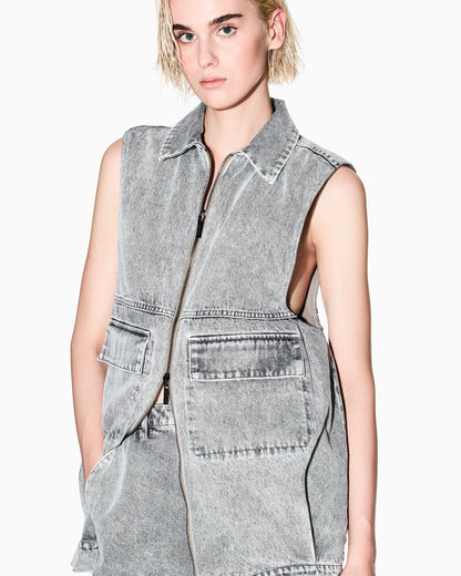 Long vest in stone washed denim