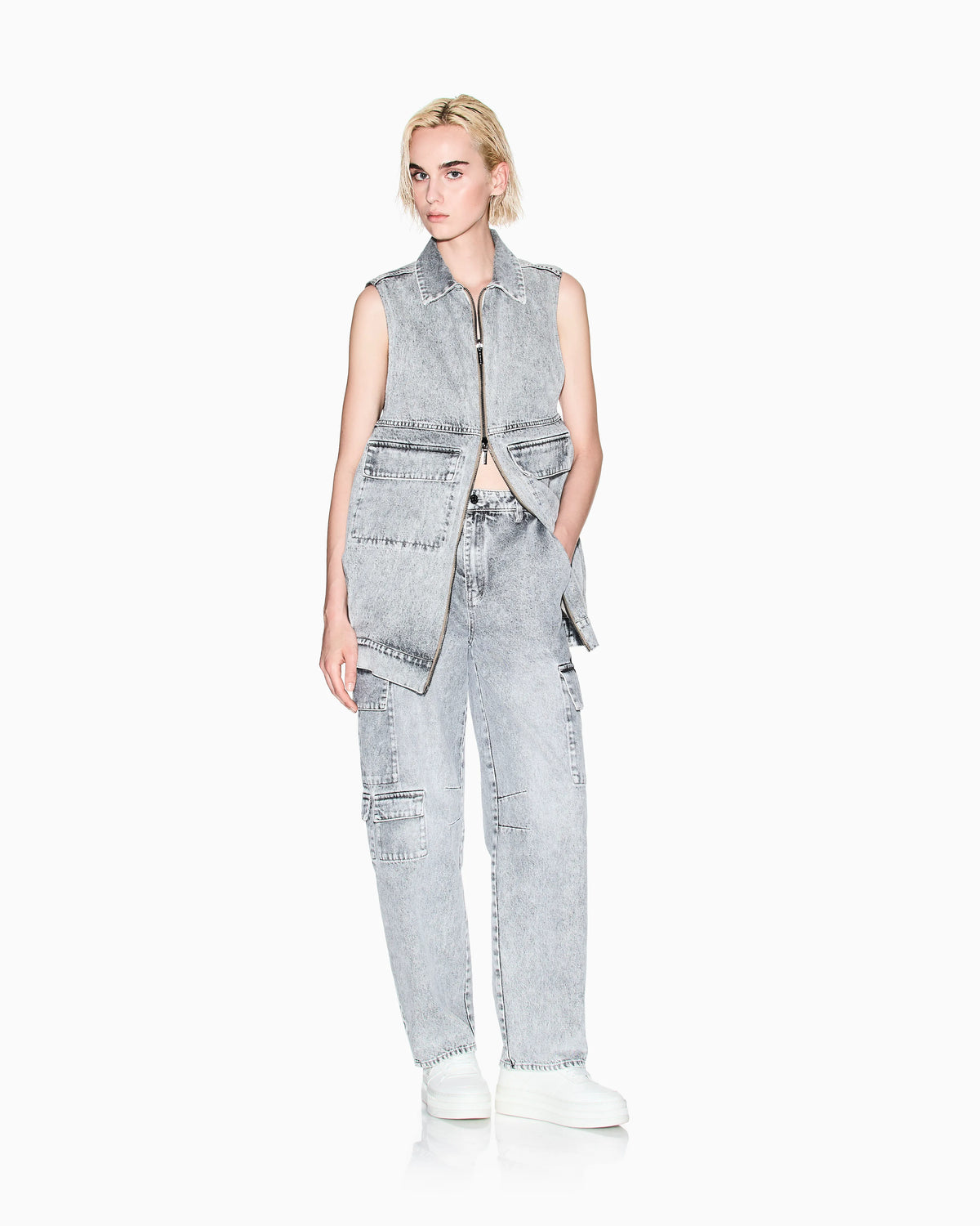 Long vest in stone washed denim