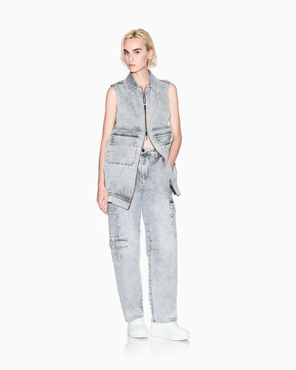 Long vest in stone washed denim