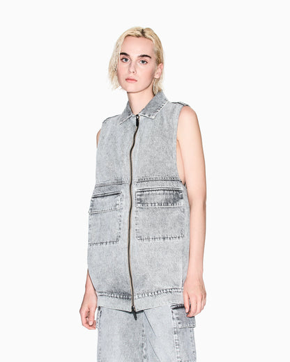 Long vest in stone washed denim