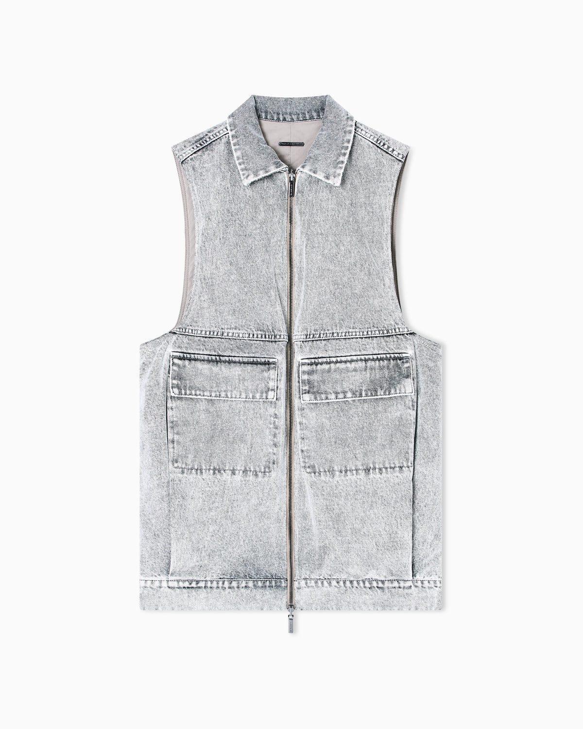 Long vest in stone washed denim