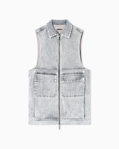Long vest in stone washed denim