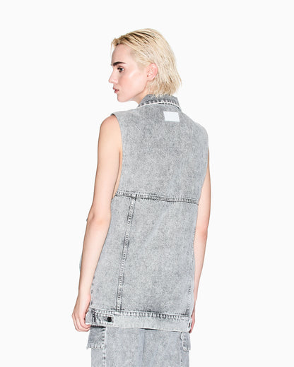 Long vest in stone washed denim