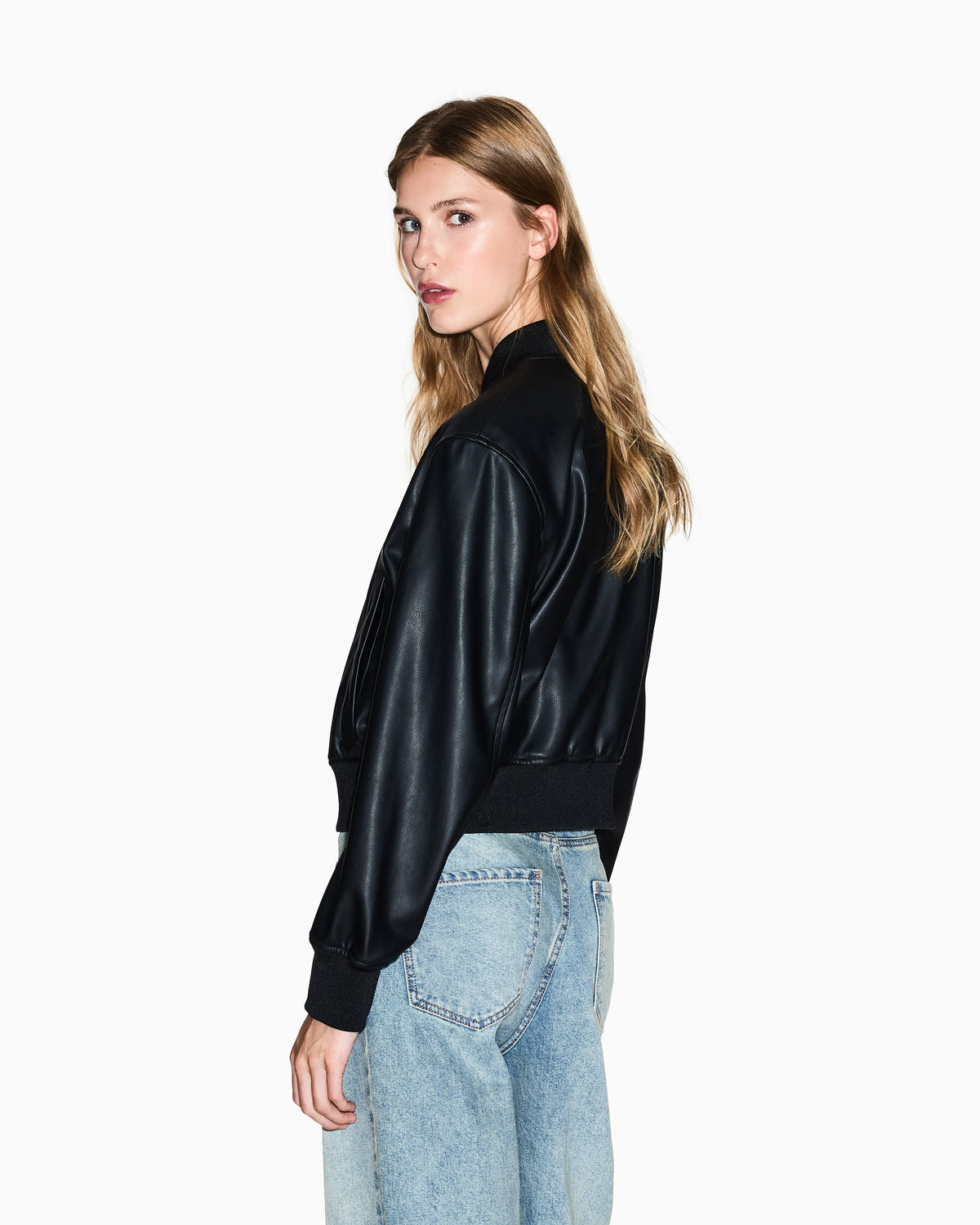 Faux leather bomber jacket with ribbed trims Essential