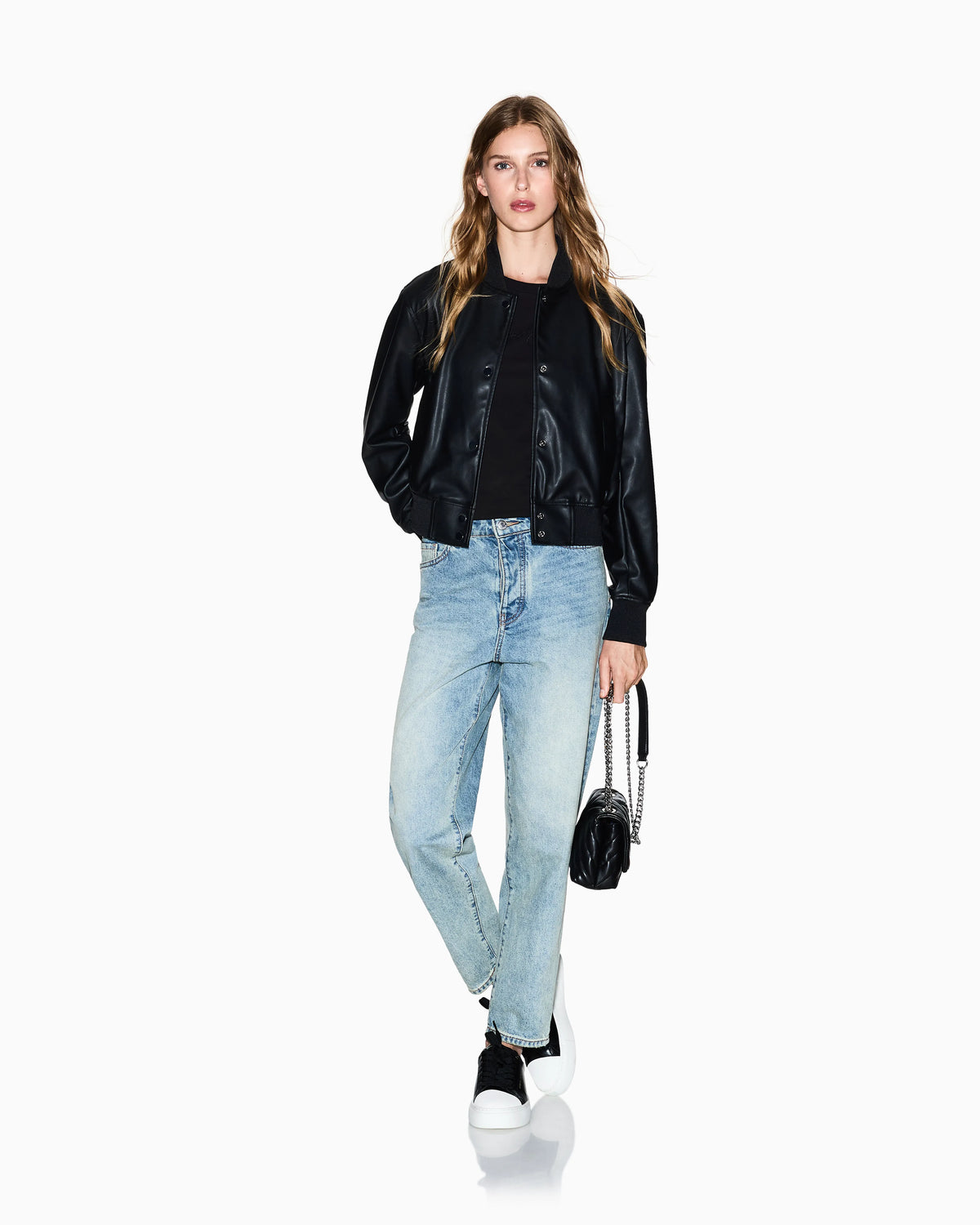Faux leather bomber jacket with ribbed trims Essential