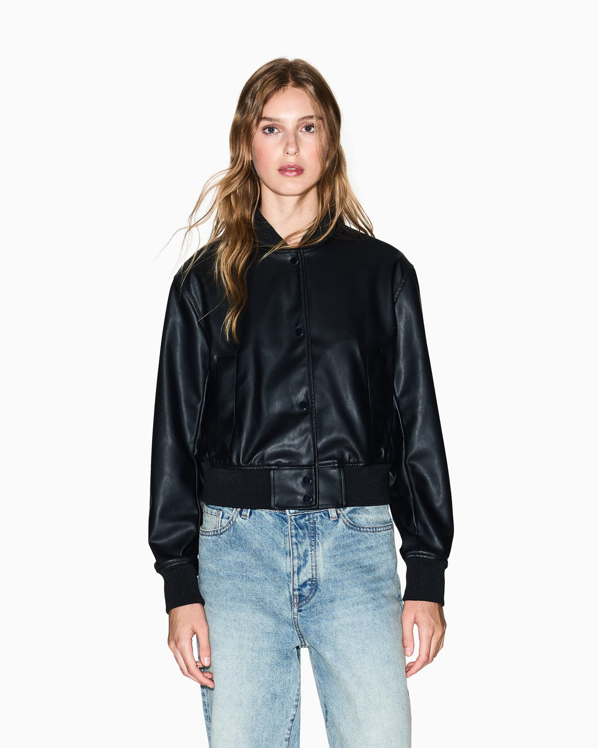 Faux leather bomber jacket with ribbed trims Essential