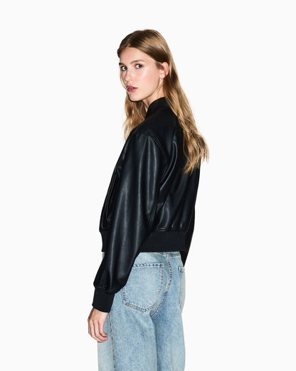 Faux leather bomber jacket with ribbed trims Essential