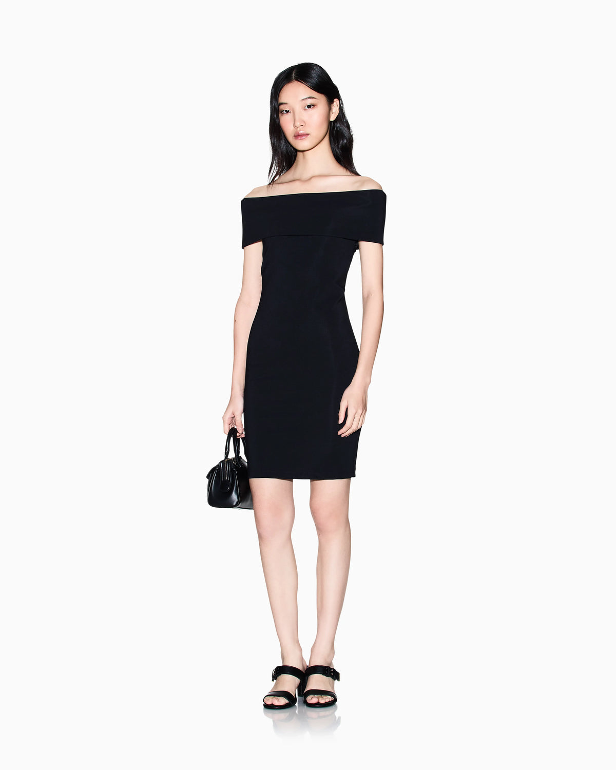 Ottoman mini dress with boat neckline