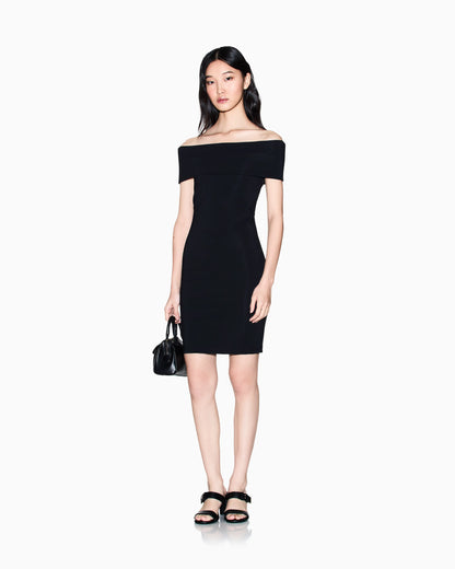 Ottoman mini dress with boat neckline