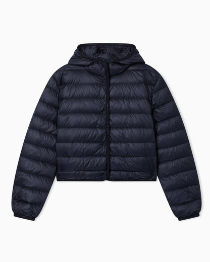Short down jacket with quilted hood