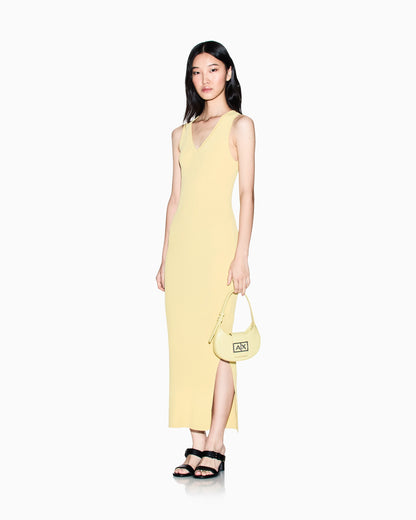 Long dress in openwork knit with V-neck