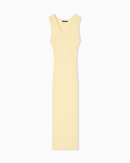 Long dress in openwork knit with V-neck