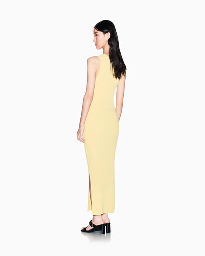 Long dress in openwork knit with V-neck