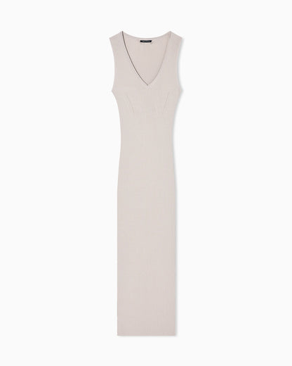 Long dress in openwork knit with V-neck