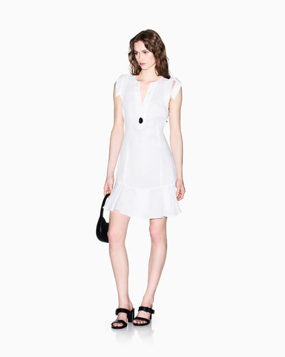 Short Linen Poplin Dress with Button and Bows