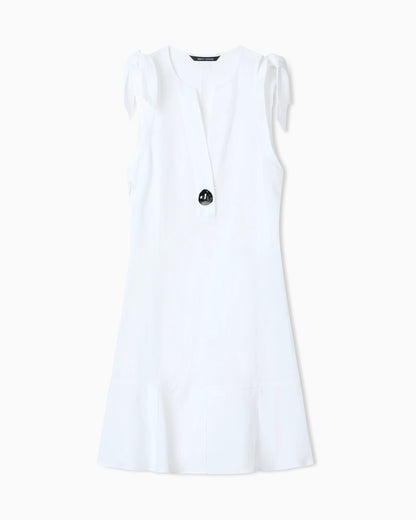 Short Linen Poplin Dress with Button and Bows