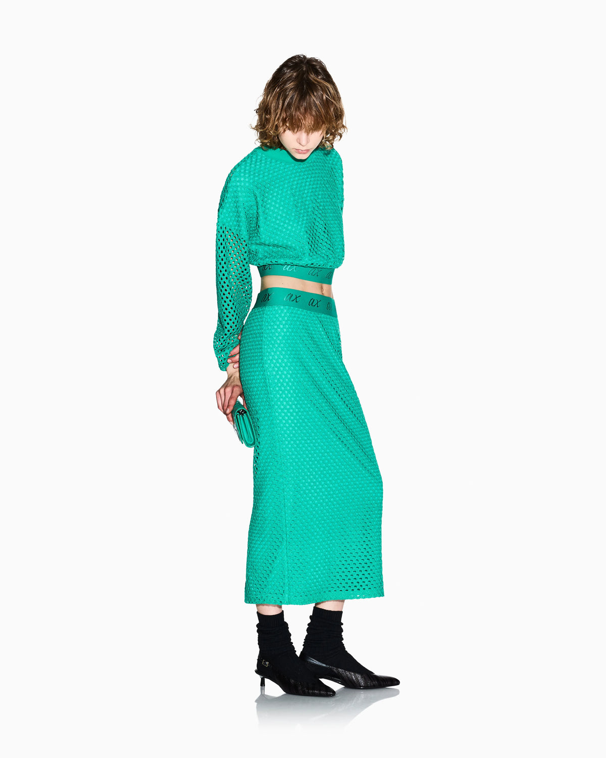 Mesh midi skirt in cotton lace with a logo waistband