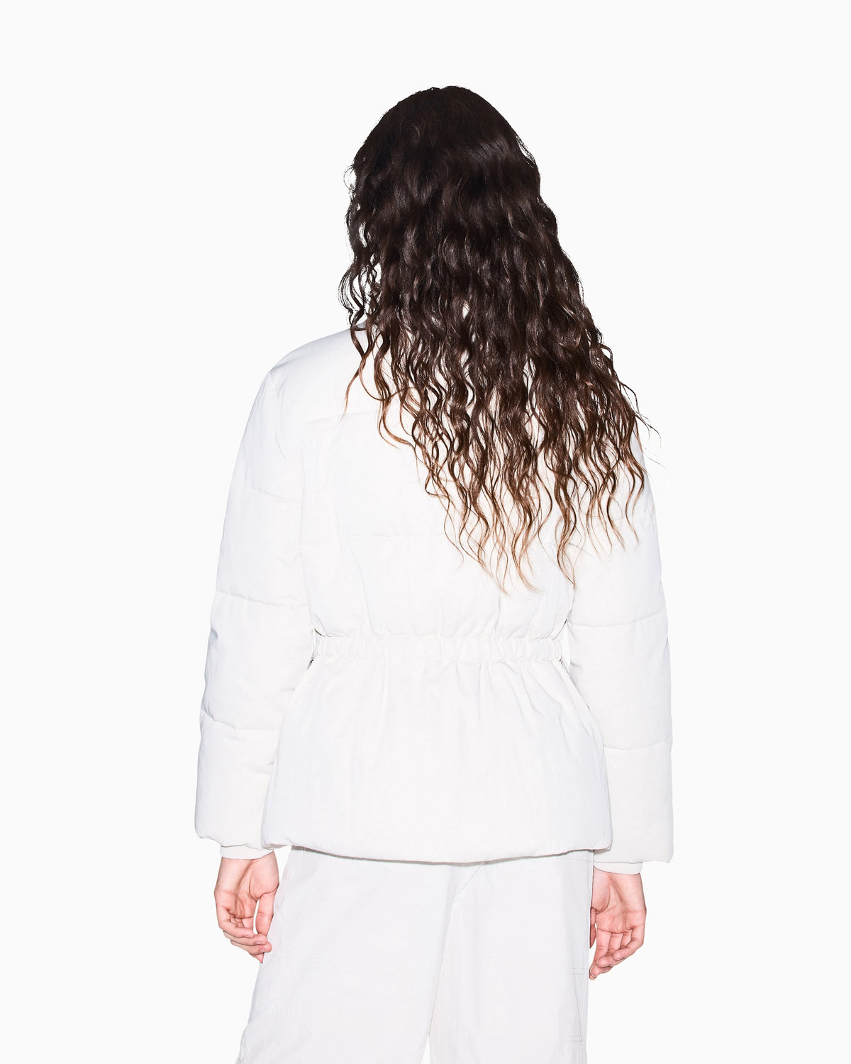 Quilted nylon twill puffer jacket with a high collar