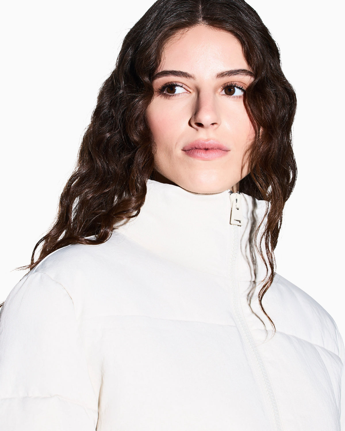 Quilted nylon twill puffer jacket with a high collar