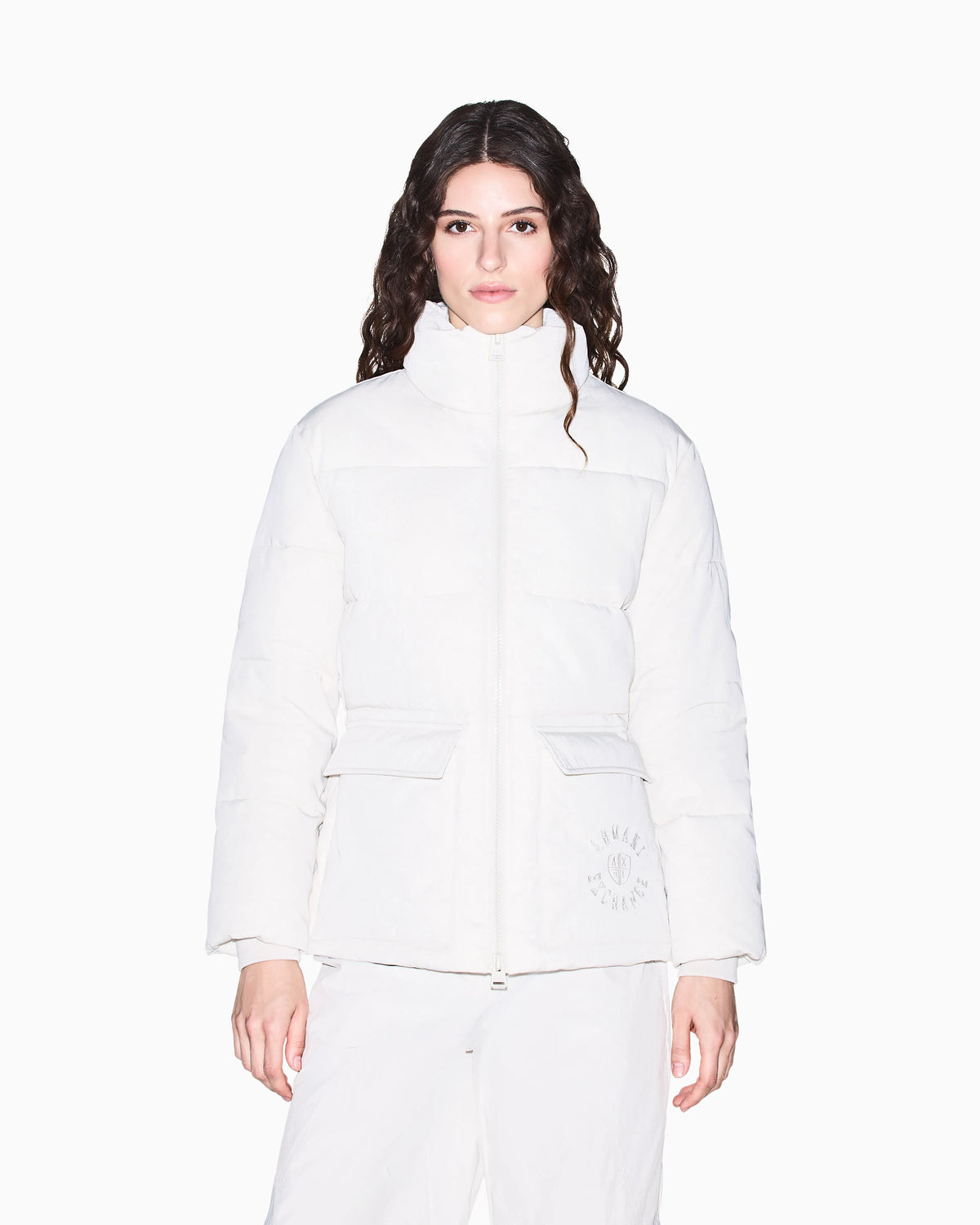Quilted nylon twill puffer jacket with a high collar