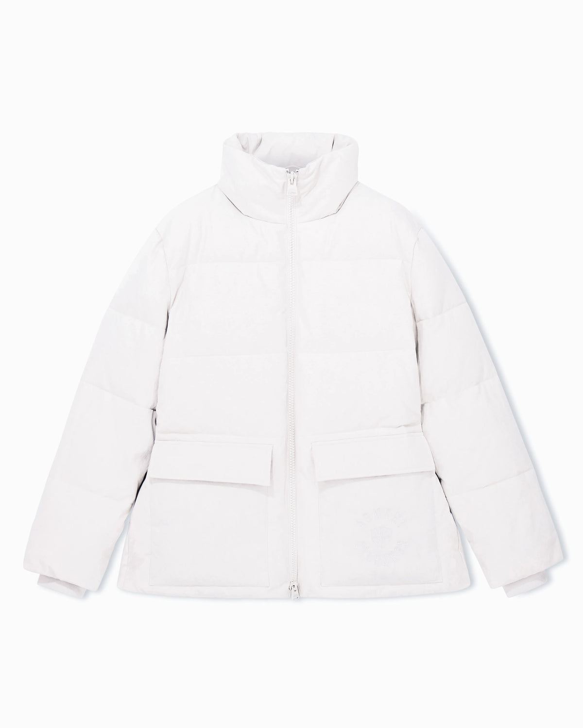 Quilted nylon twill puffer jacket with a high collar