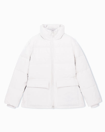 Quilted nylon twill puffer jacket with a high collar