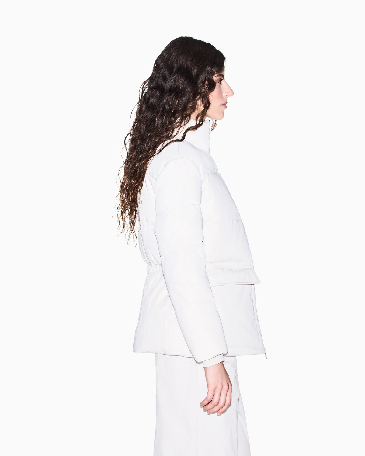 Quilted nylon twill puffer jacket with a high collar