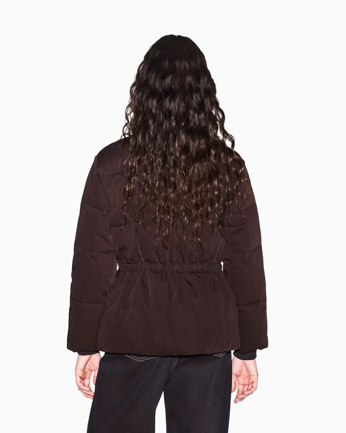 Quilted nylon twill puffer jacket with a high collar