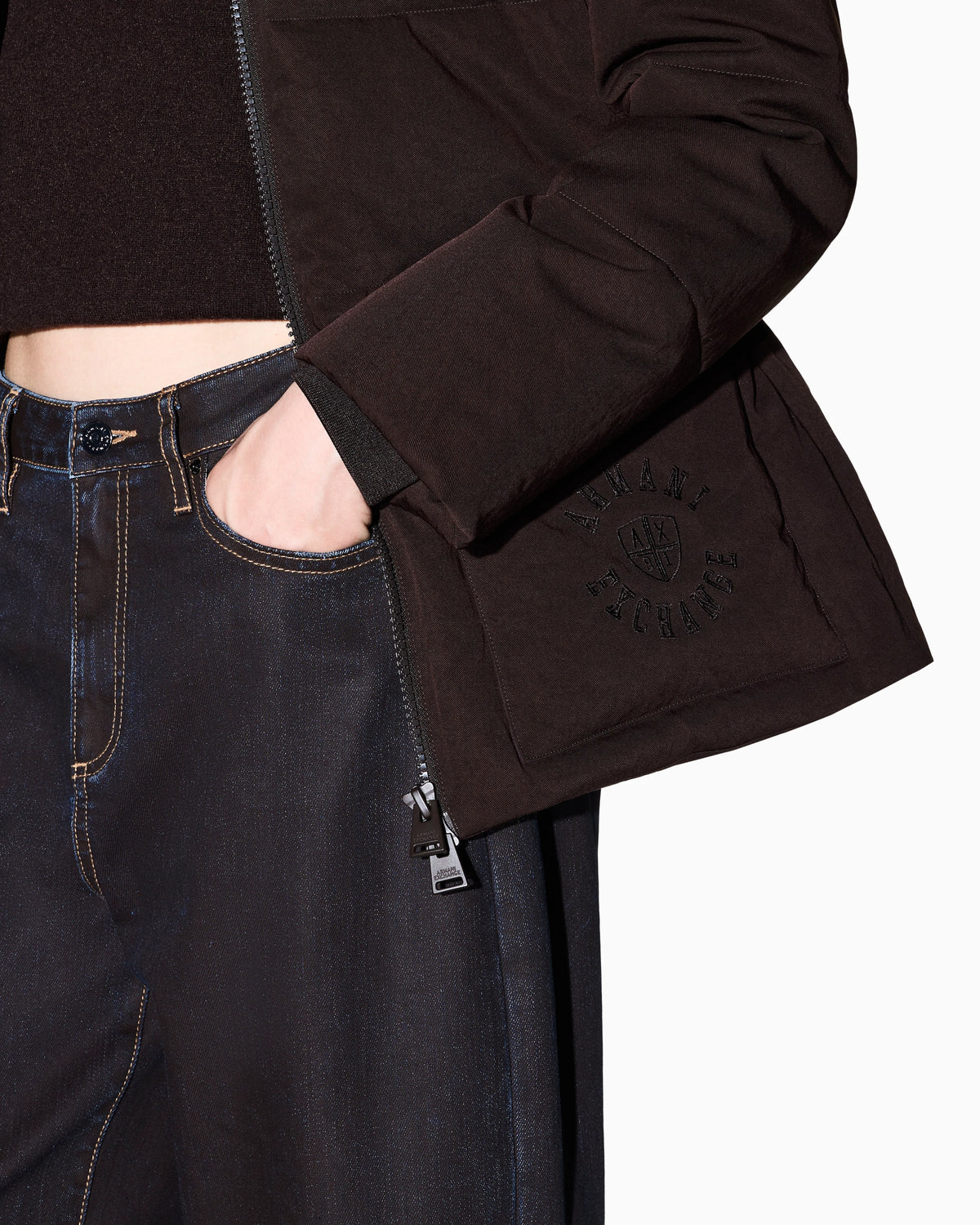 Quilted nylon twill puffer jacket with a high collar