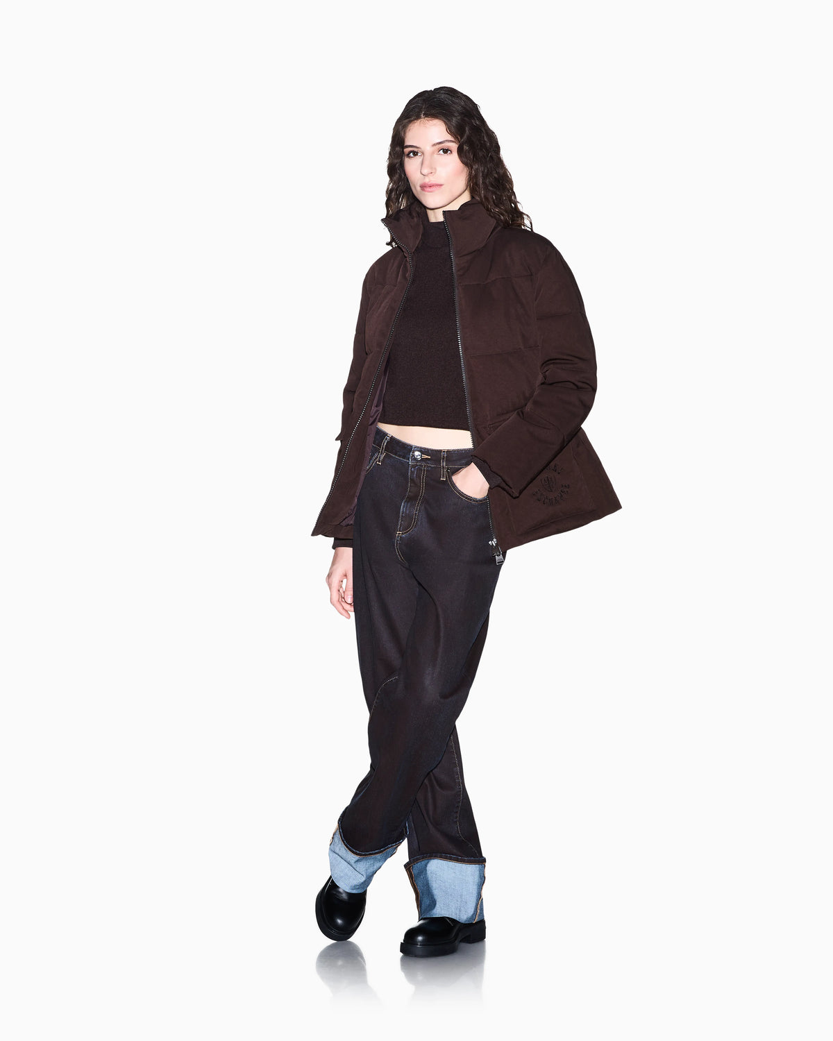 Quilted nylon twill puffer jacket with a high collar