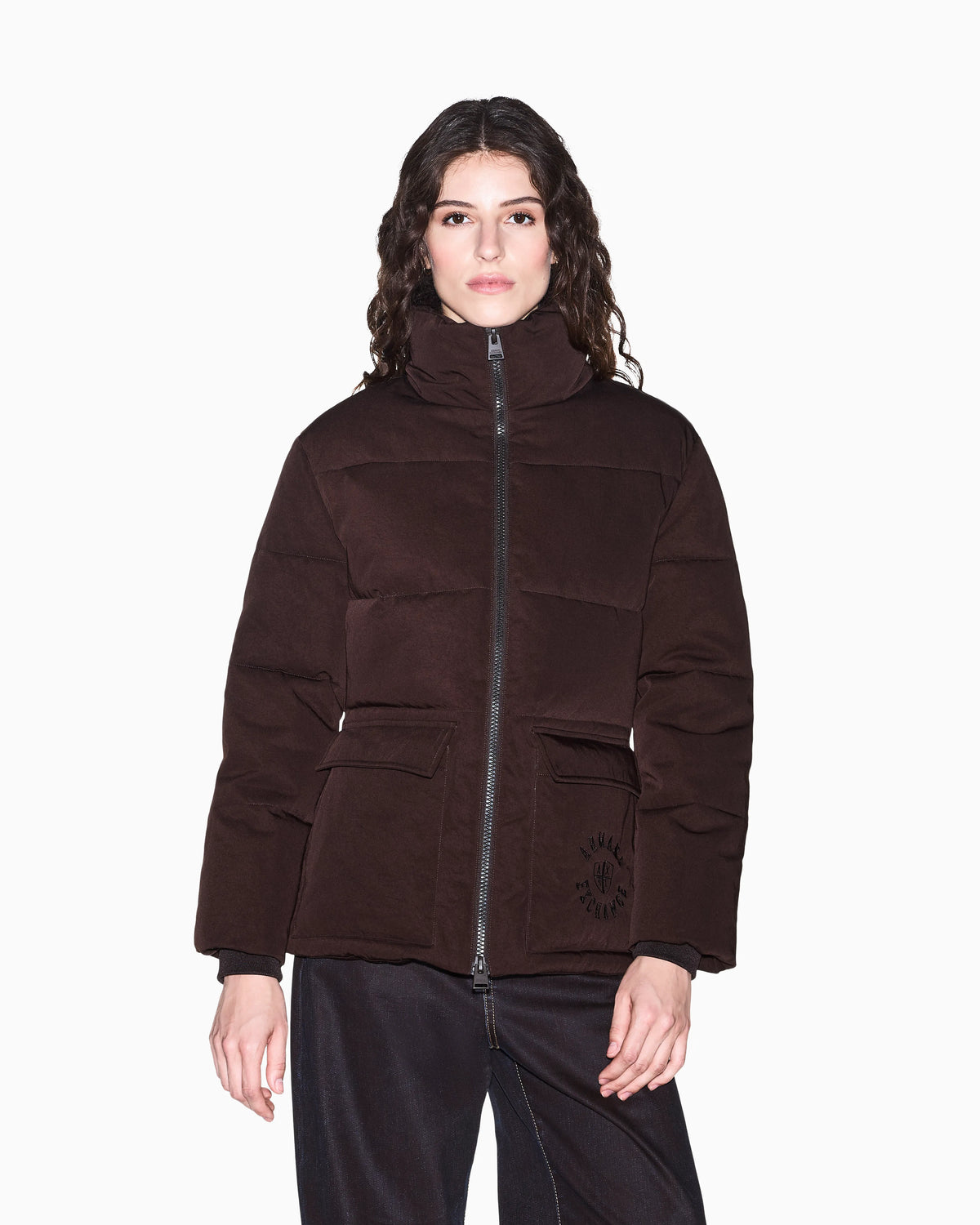Quilted nylon twill puffer jacket with a high collar