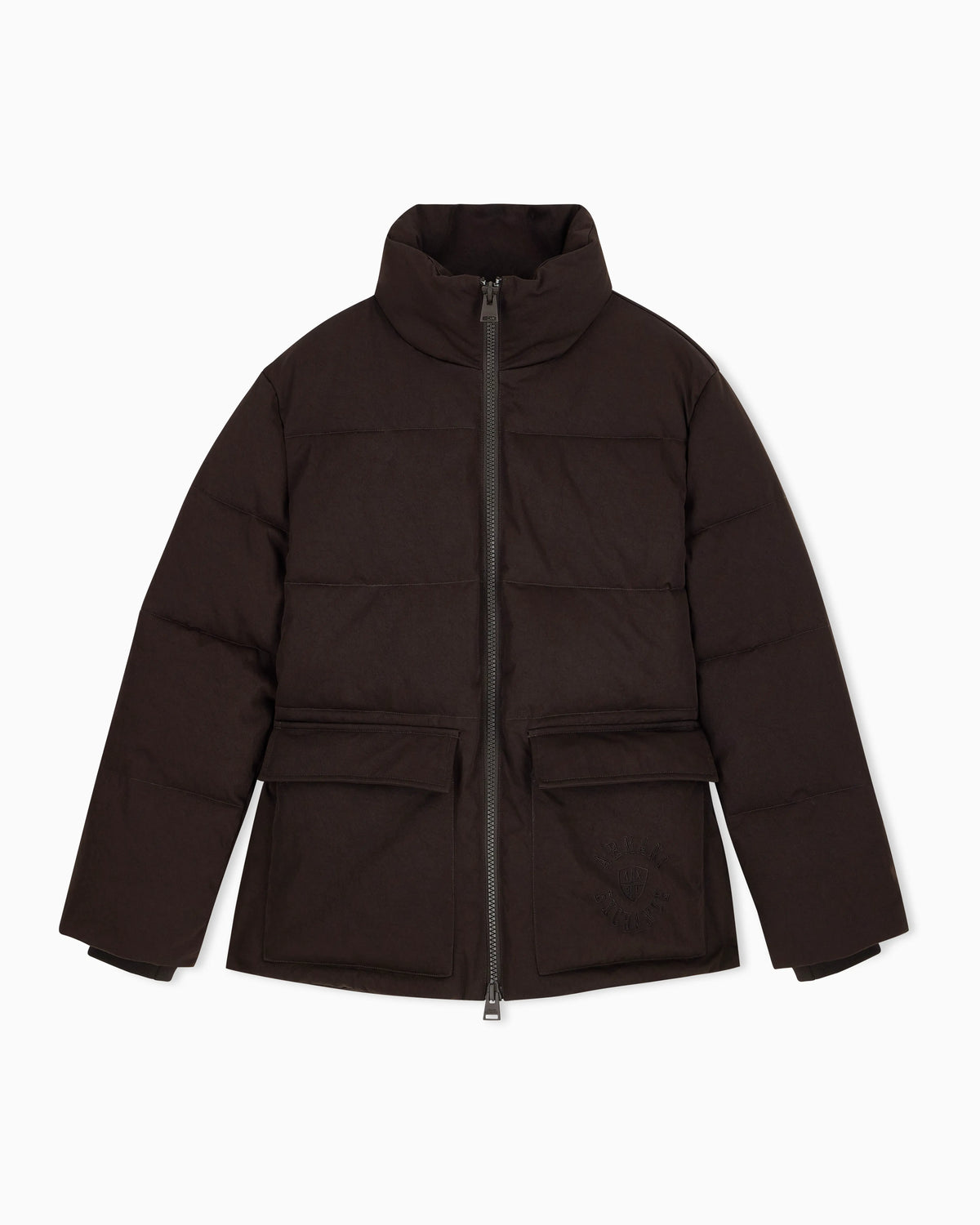 Quilted nylon twill puffer jacket with a high collar