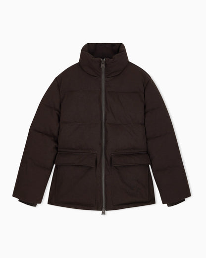 Quilted nylon twill puffer jacket with a high collar