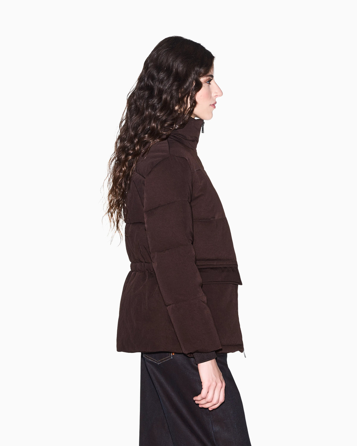 Quilted nylon twill puffer jacket with a high collar