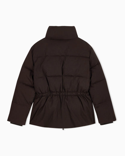 Quilted nylon twill puffer jacket with a high collar