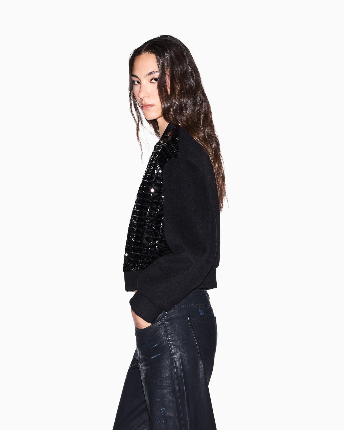 Full-zip bomber jacket with a sequin front panel