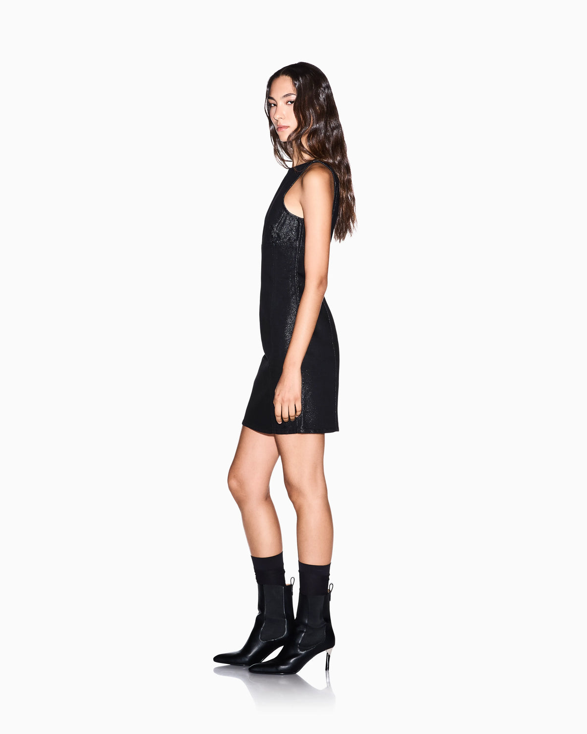 slim fit dress in rigid cotton denim with metallic yarn