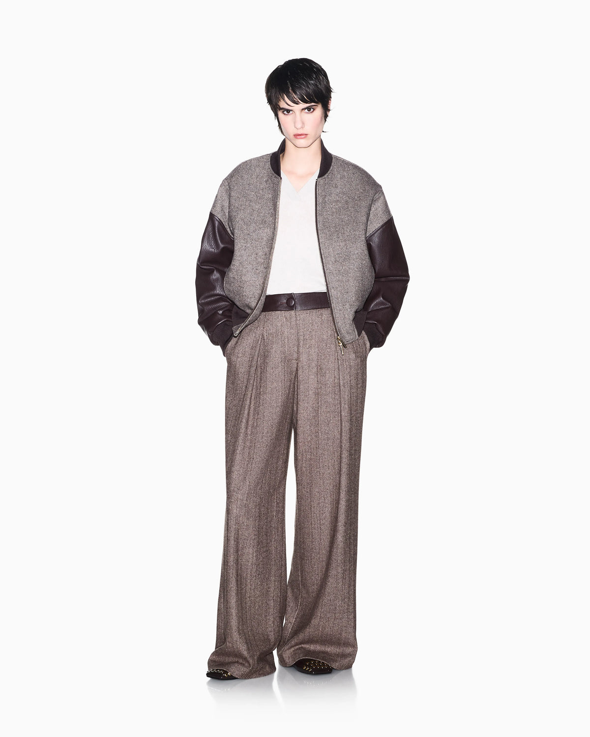 relaxed fit trouser in herringbone virgin wool and silk