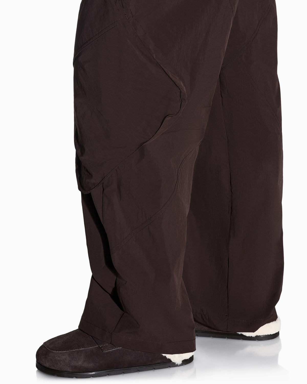 Oversized trousers in crinkle nylon with down padding