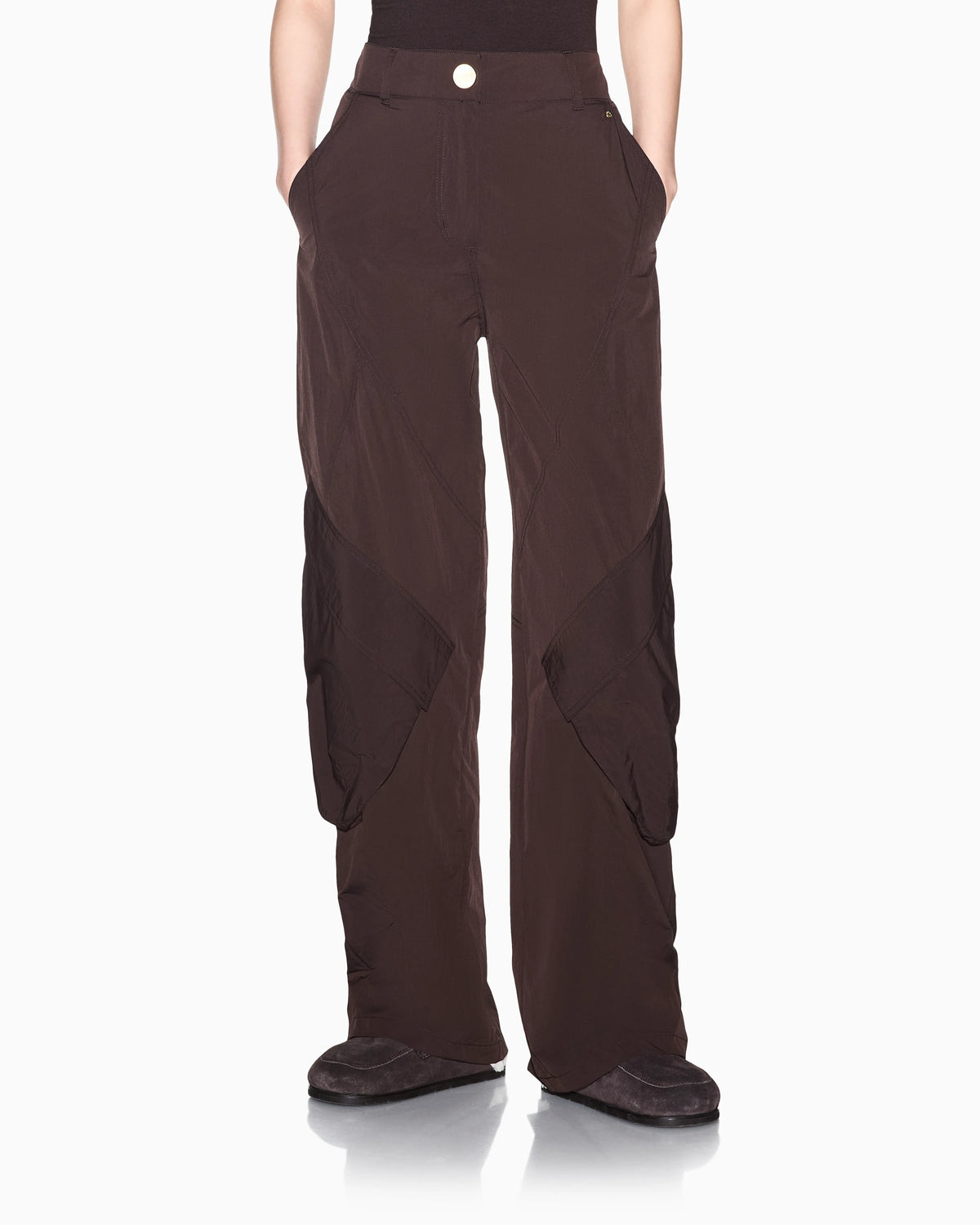 Oversized trousers in crinkle nylon with down padding