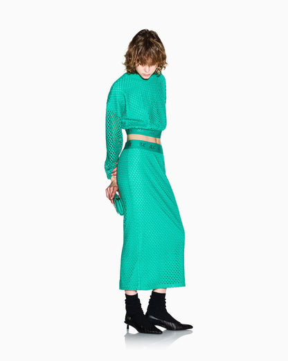 Cropped sweater in open-knit mesh with ribbed crew neckline
