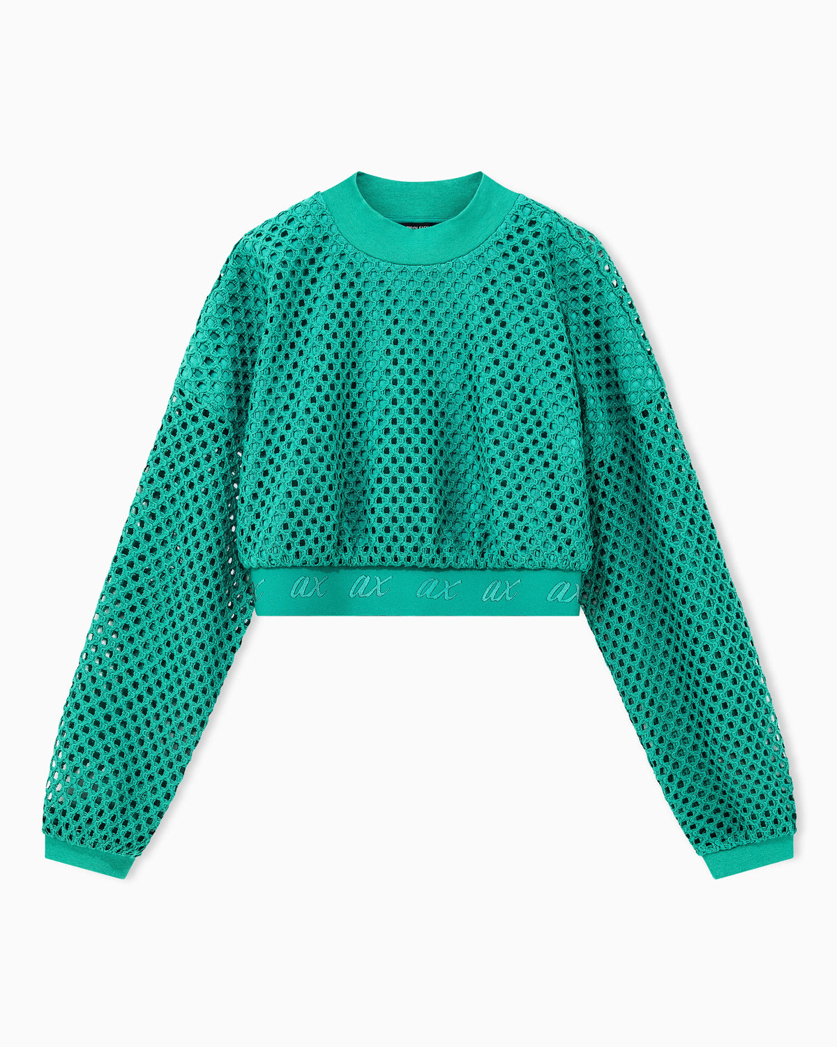 Cropped sweater in open-knit mesh with ribbed crew neckline